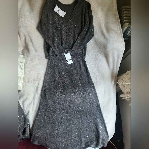 Zara set co-ord sequin knit sweater & midi skirt A-line taupe/brown sz M BNWT - Picture 12 of 13